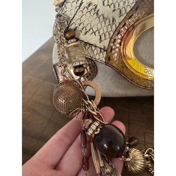 Dolce & Gabbana Y2K Brown Gold Leather & Jute Shoulder Bag Statement Charm Strap - Picture 9 of 16